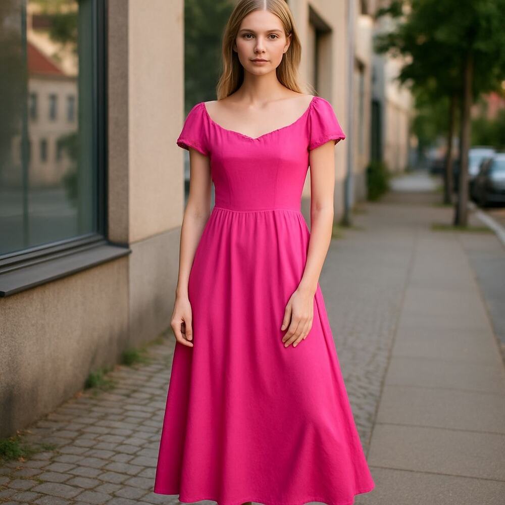 Velvet Torch Fuchsia Pink Puff Sleeve Midi Dress Size S NWT